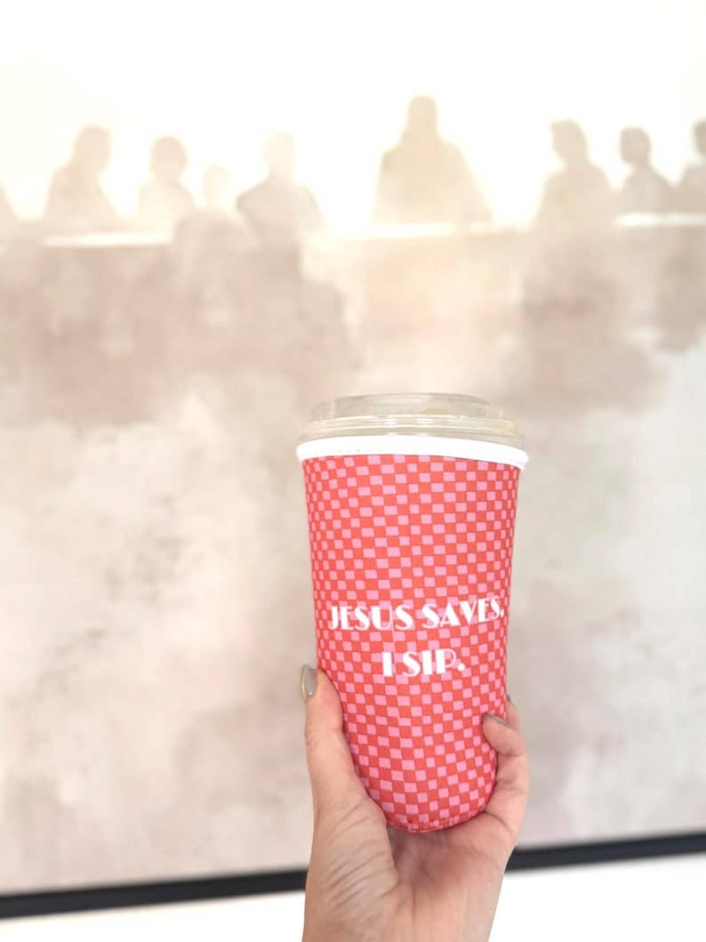 Christian Iced Coffee Sleeve | "Jesus Saves I Sip" Neoprene Cup Holder (16-20oz)