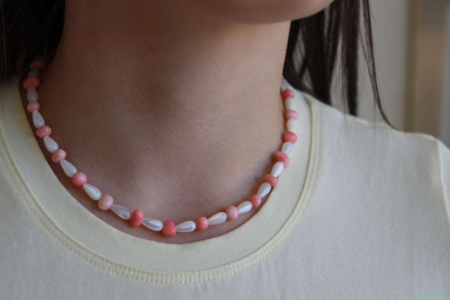 Pink Bamboo & Mother of Pearl Drop Necklace