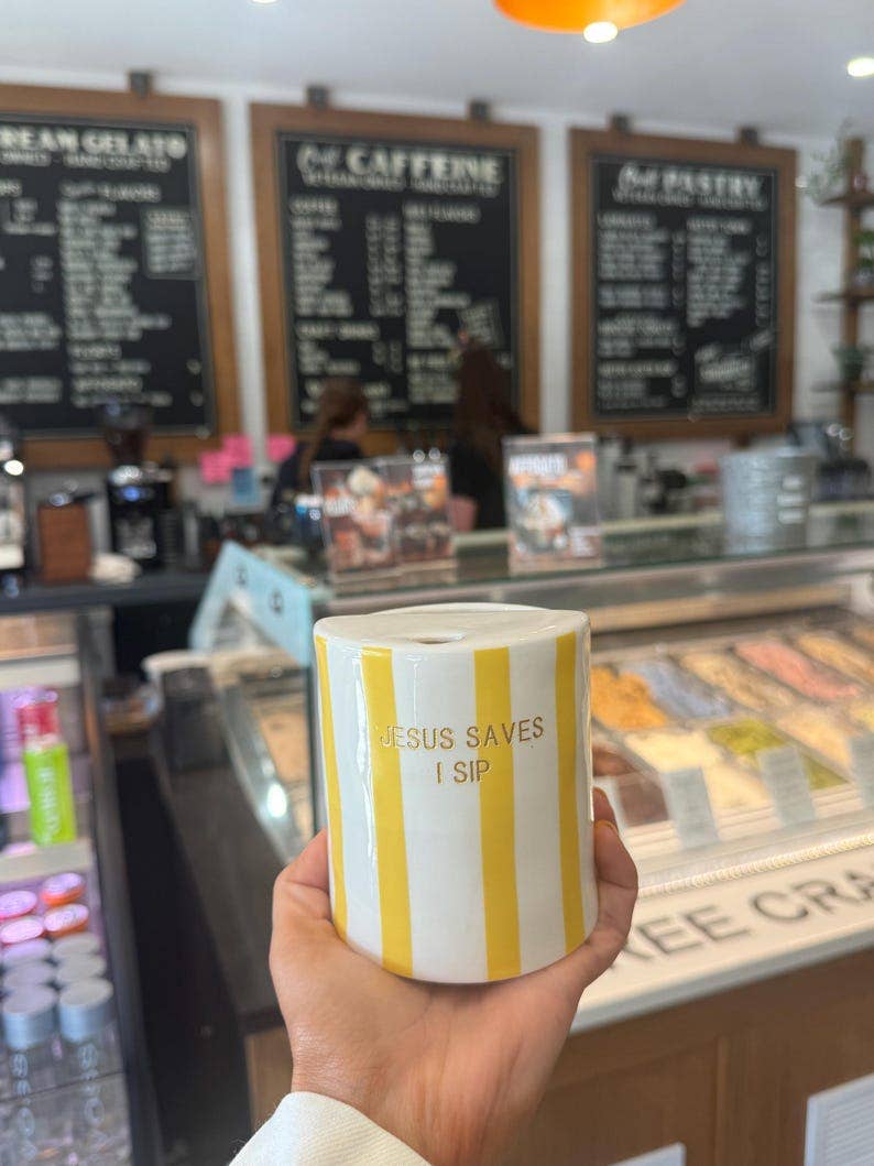 Christian Travel Mug | "Jesus Saves I Sip" Coffee Cup, Yellow Stripes, Gold Lettering