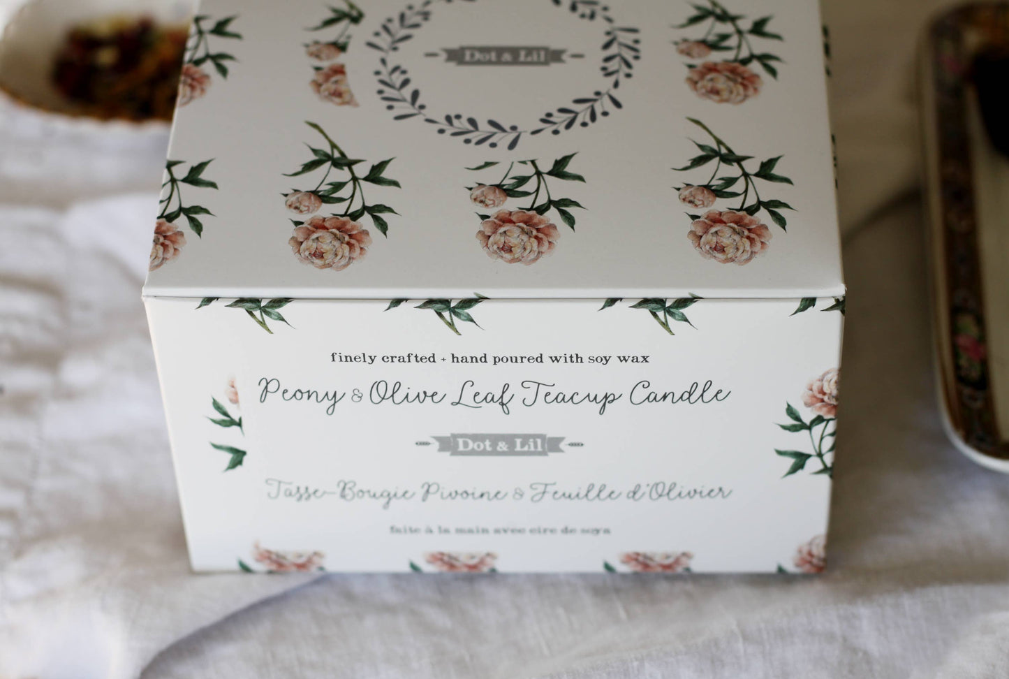 Peony & olive leaf teacup candle