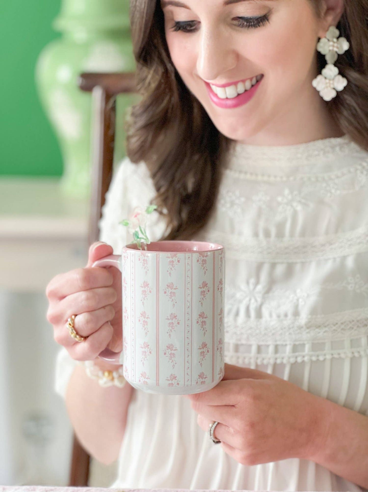 Pink Floral Stripe 15oz Tall Watercolor Mug