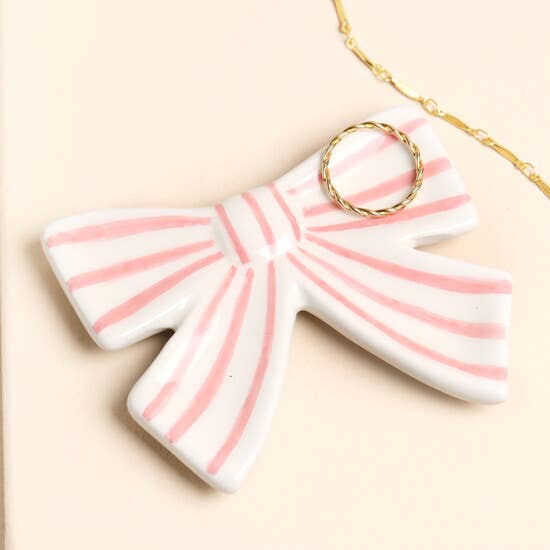 Pink Stripe Bow Ceramic Trinket Dish