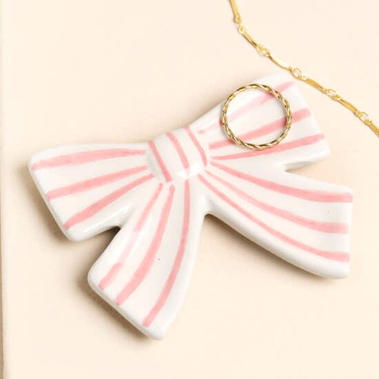 Pink Stripe Bow Ceramic Trinket Dish