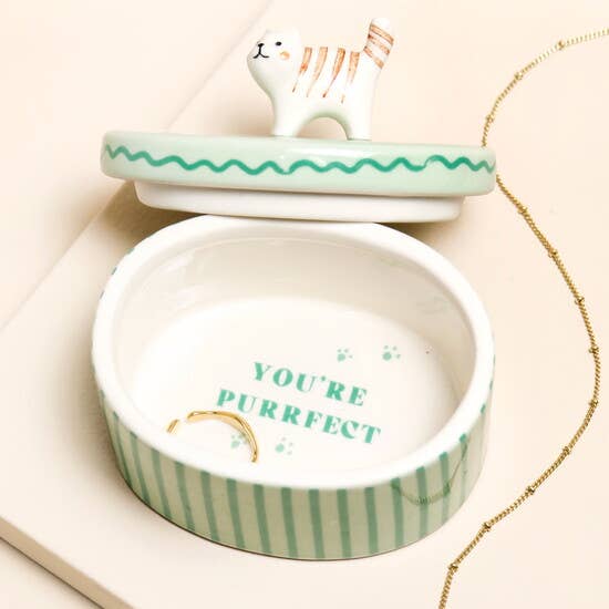 Green Oval Ceramic Cat Trinket Pot