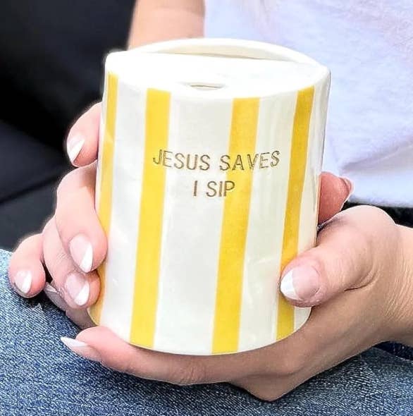 Christian Travel Mug | "Jesus Saves I Sip" Coffee Cup, Yellow Stripes, Gold Lettering