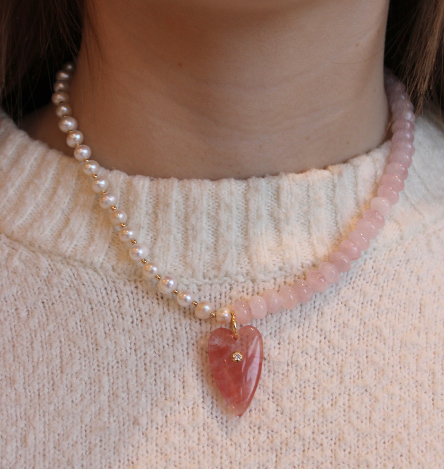 Rose Quartz + Pearl Heartstone