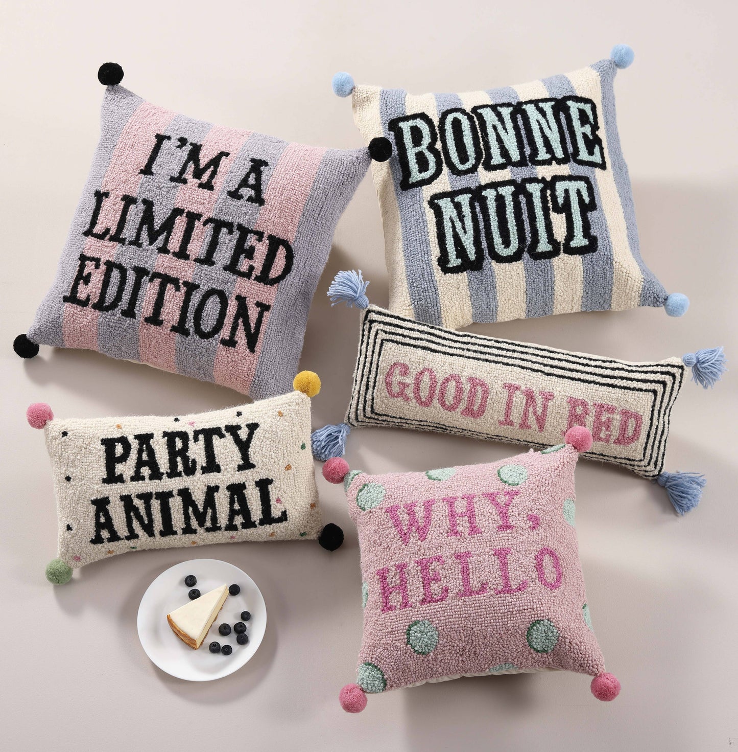 Why Hello w/Pom Poms Hook Pillow