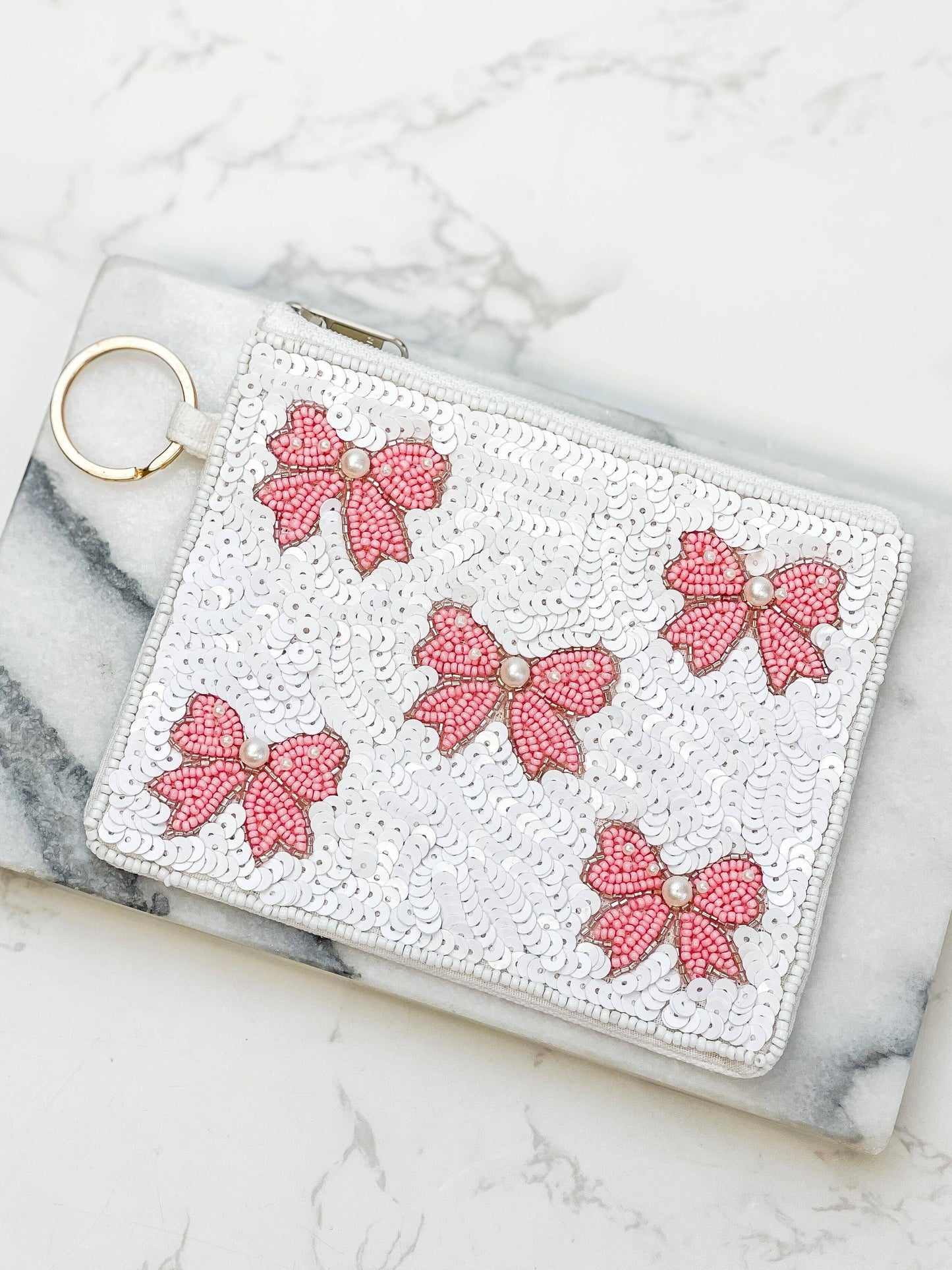 Pearl Pink Bow Beaded Zip Pouch