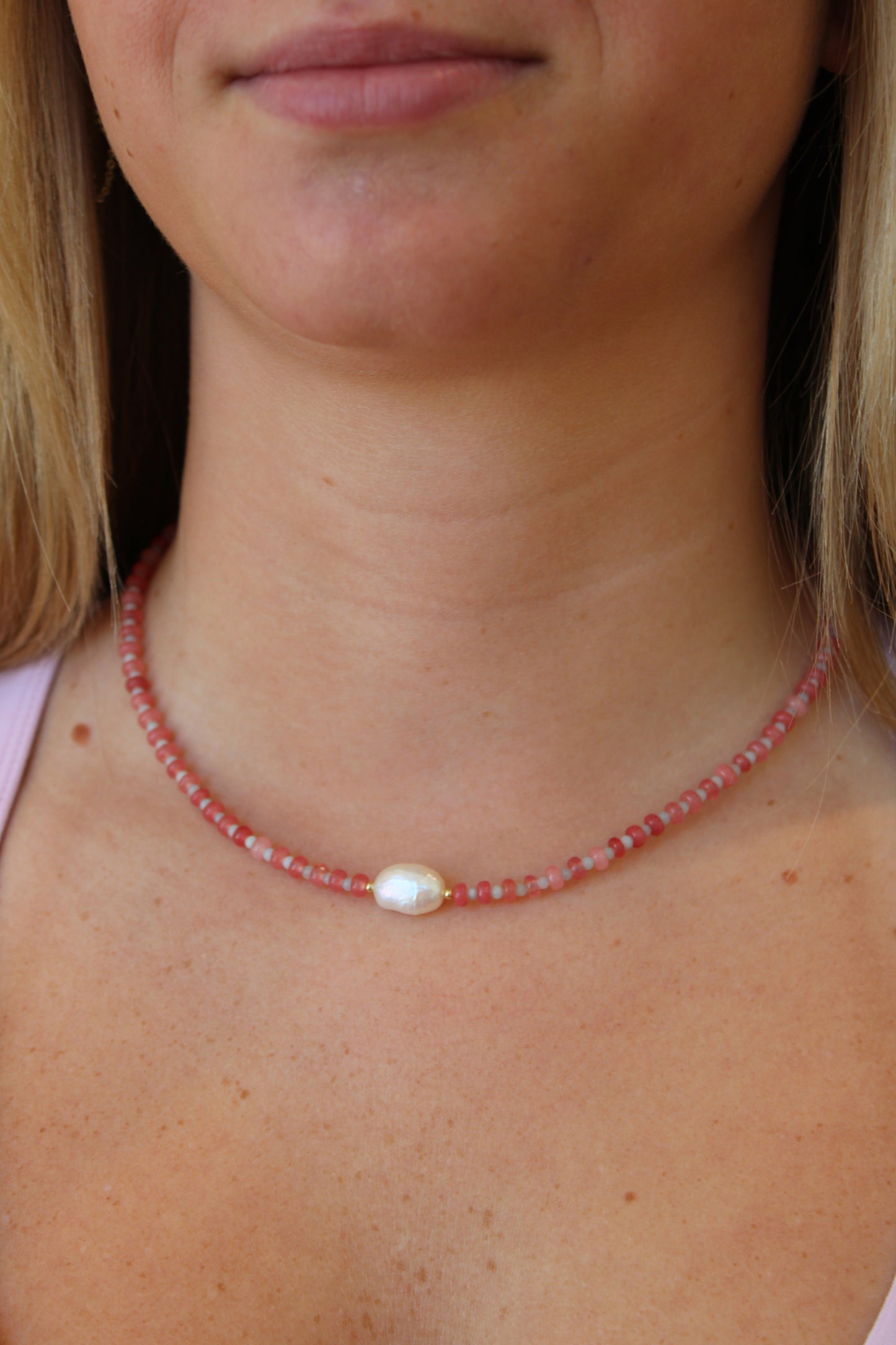 Strawberry Sugar Gemstone Necklace - Pink Jade