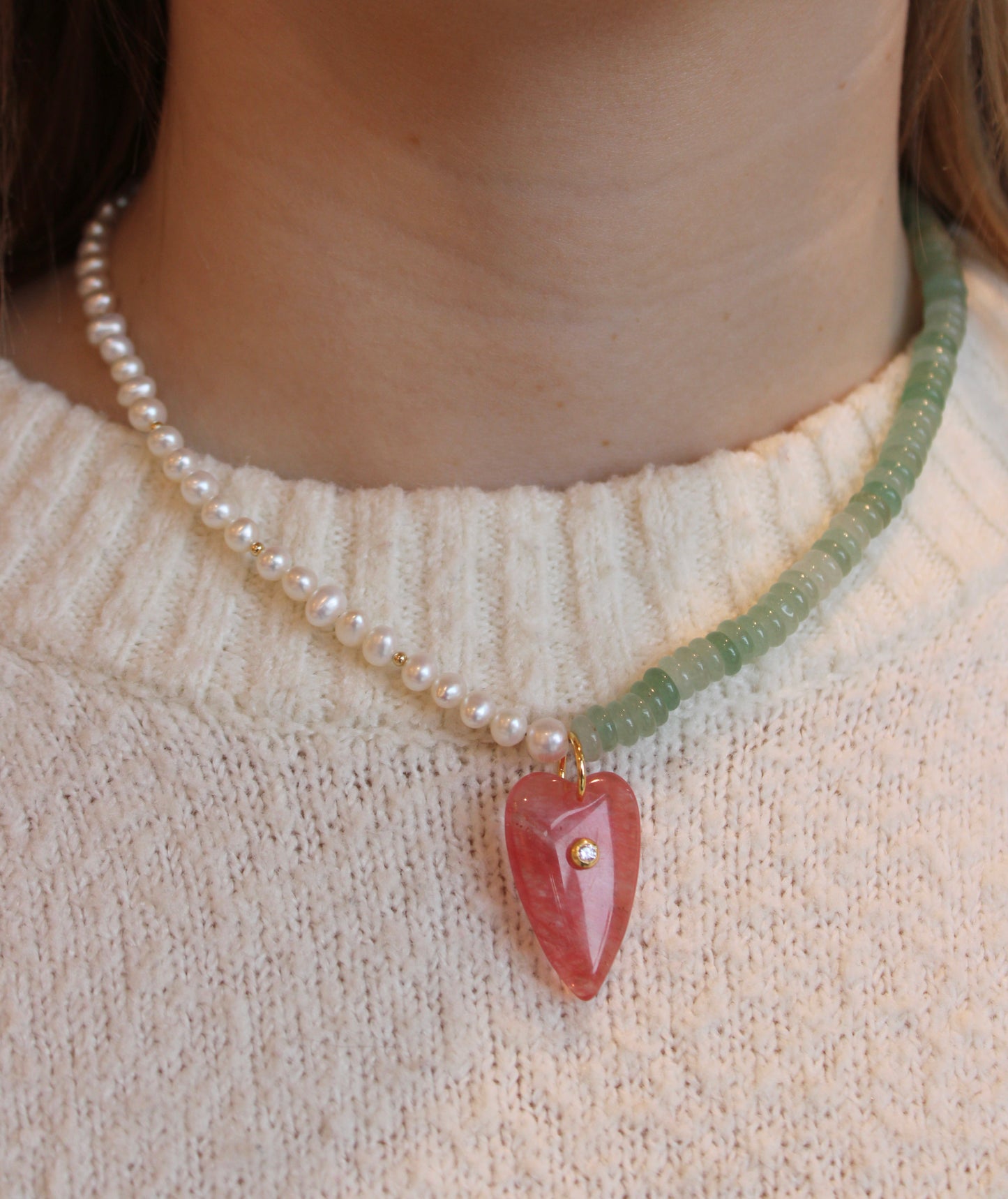 Pink Quartz + Green Aventurine Heartstone