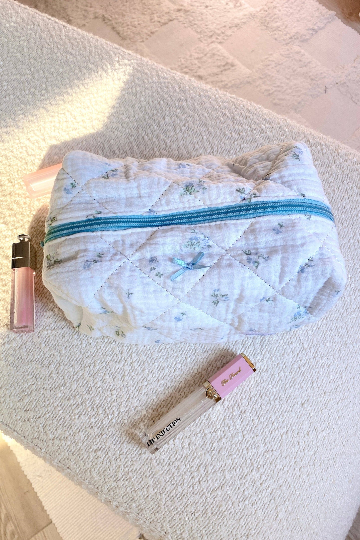 Blue Floral Bow Large Makeup Bag