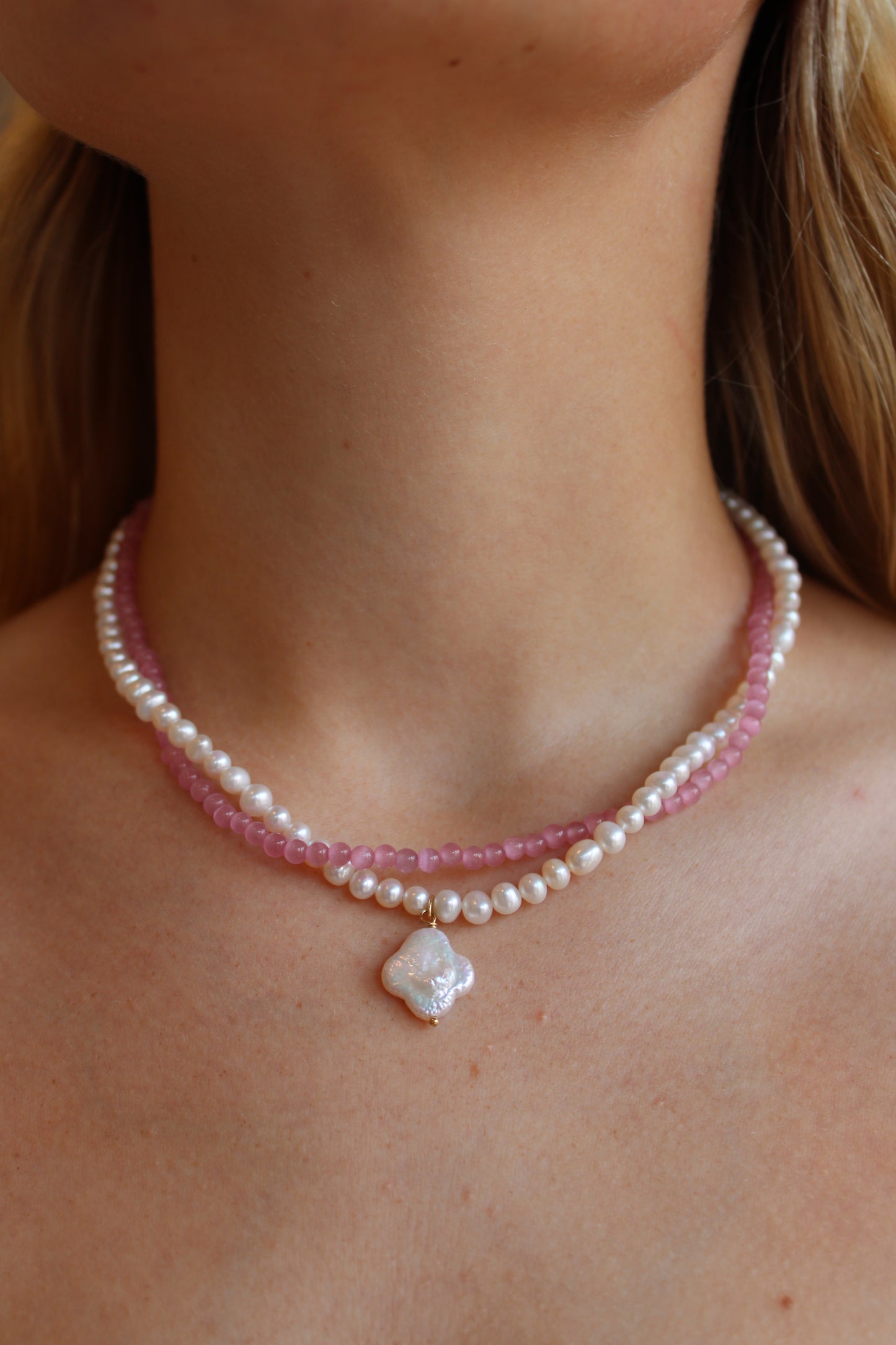 Pink and Pearly Gemstone Pearl Necklace