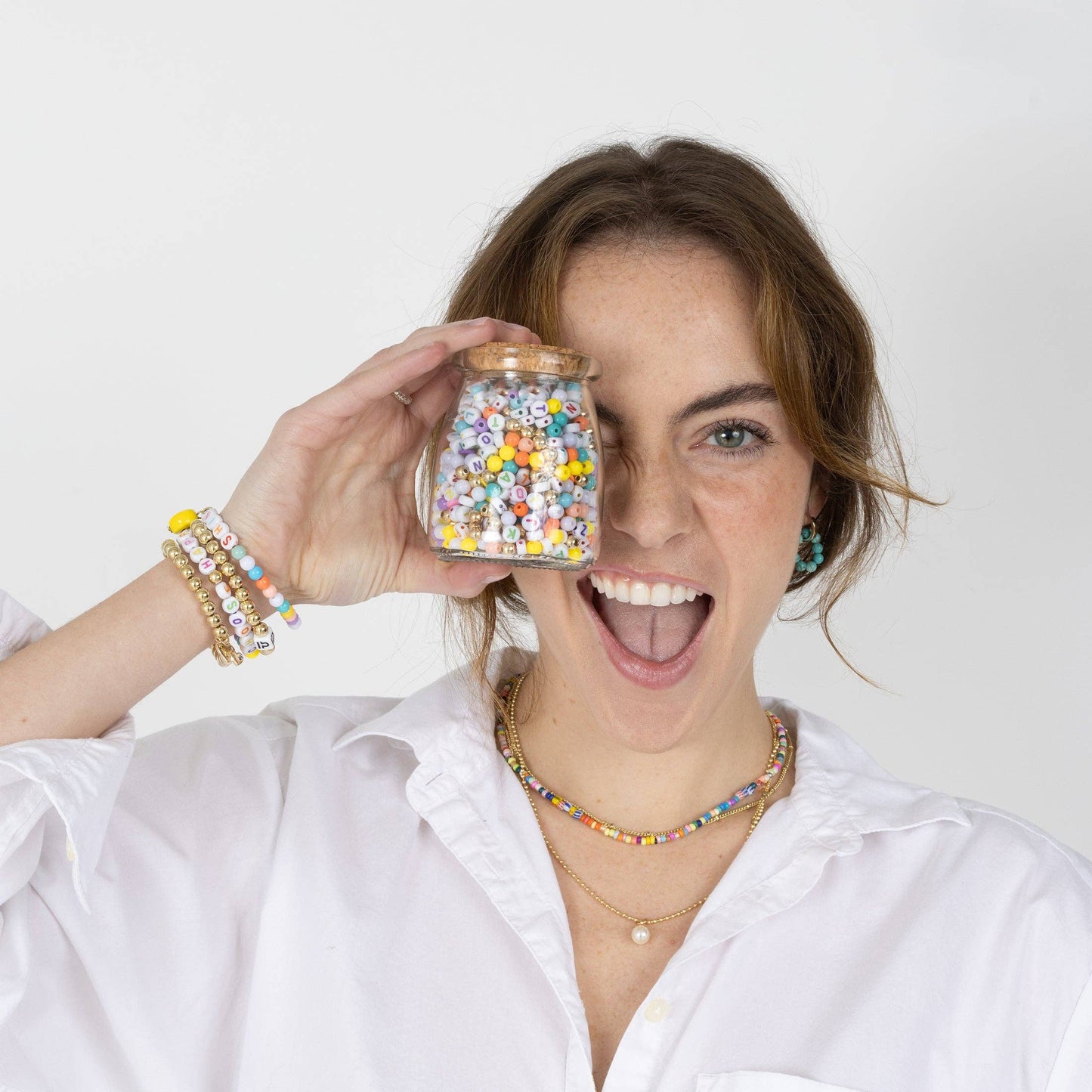 Shine Multicolor Letter Beads DIY Bracelet Jar with Ceramic Happy Face Charm