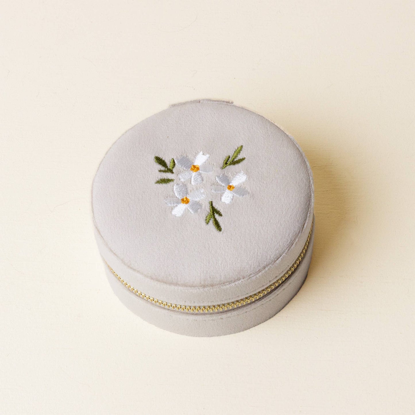 Round Velvet Jewelry Case-Floral Champagne