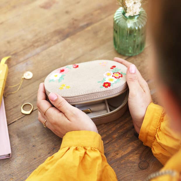 Embroidered Flowers Oval Velvet Jewellery Box