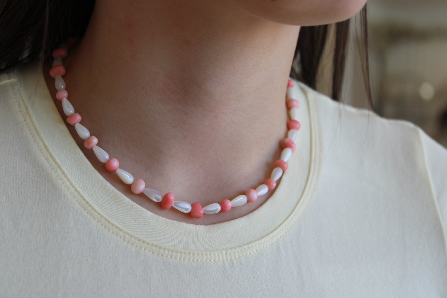Pink Bamboo & Mother of Pearl Drop Necklace