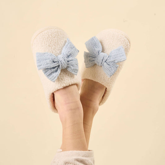 Fuzzy Slippers- Bow Light Blue