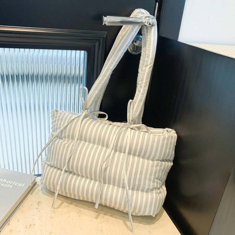 Striped Puffer Bow Shoulder Handbag