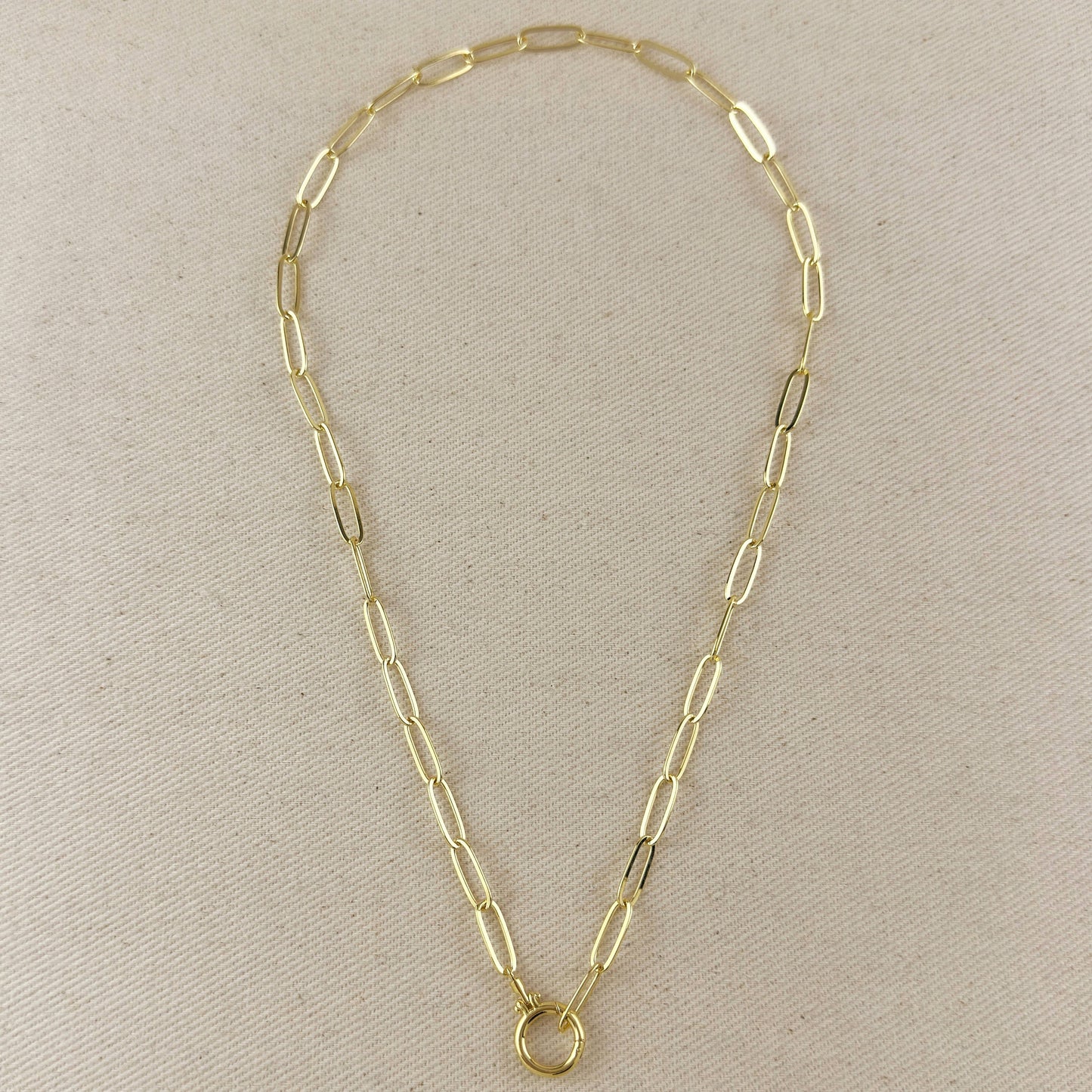 18k Gold Filled Paperclip Chain With Round Clicker Clasp Necklace