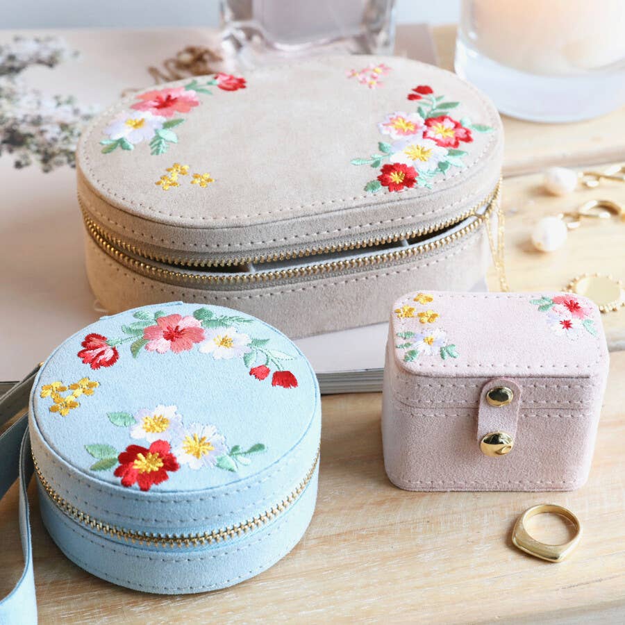 Embroidered Flowers Oval Velvet Jewellery Box