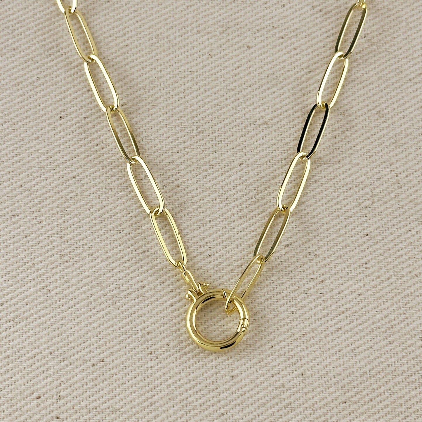 18k Gold Filled Paperclip Chain With Round Clicker Clasp Necklace