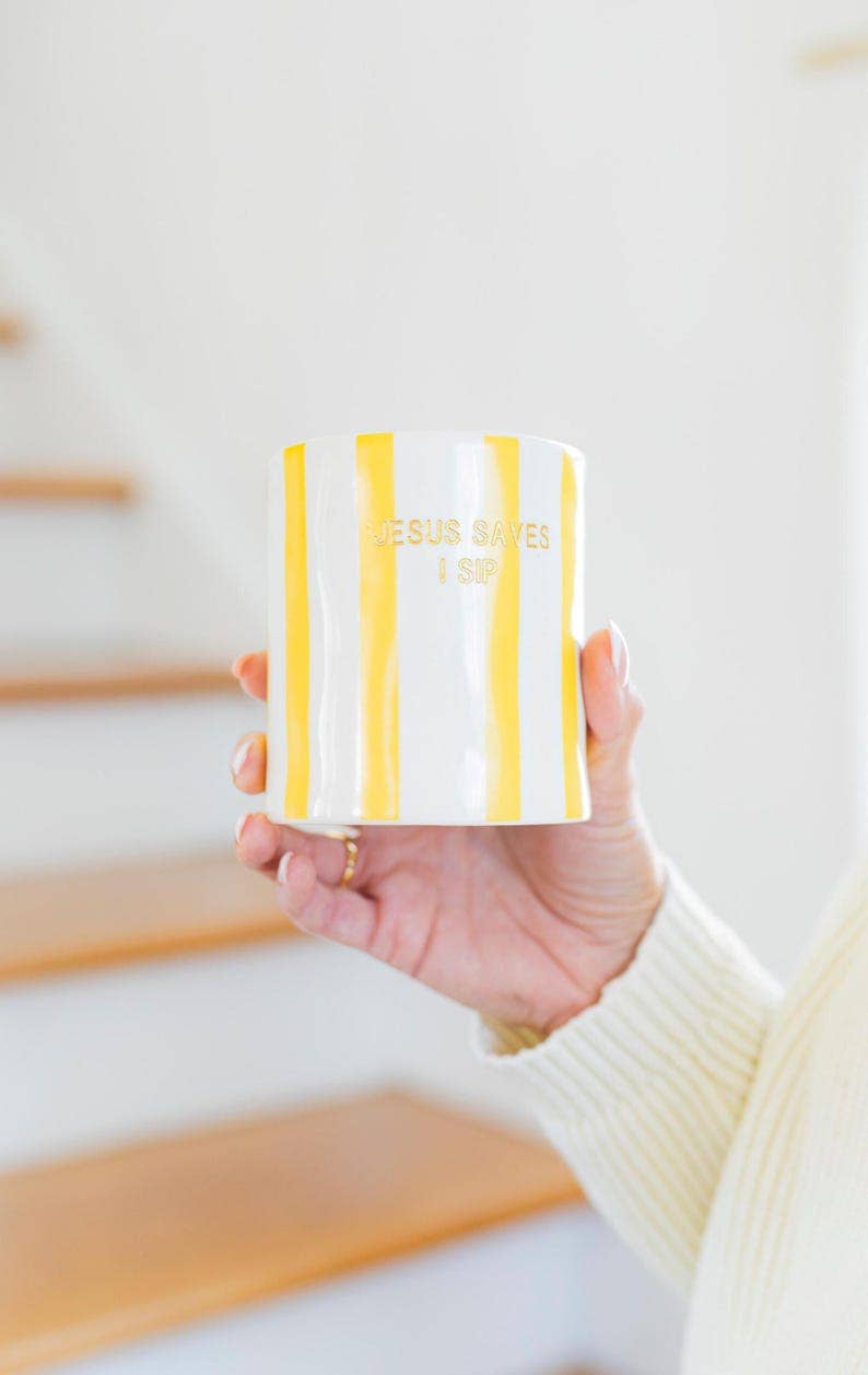 Christian Travel Mug | "Jesus Saves I Sip" Coffee Cup, Yellow Stripes, Gold Lettering