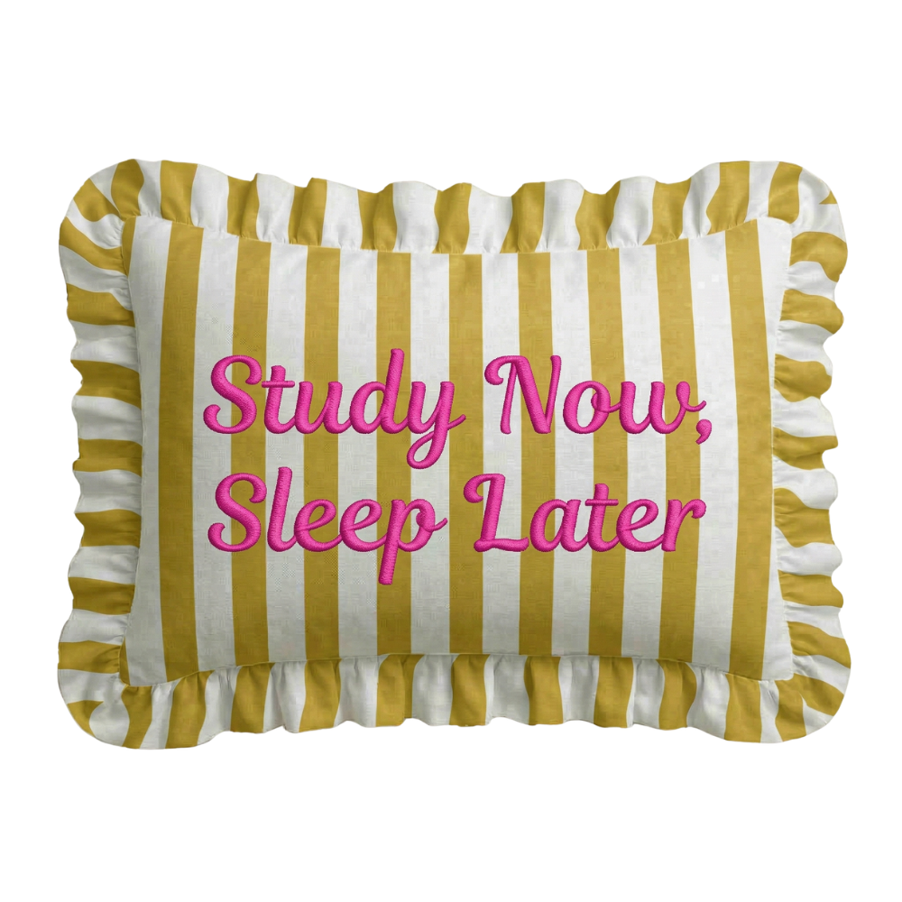 "Sleep Later" Ruffled Embroidered Pillow | Statement Pillow