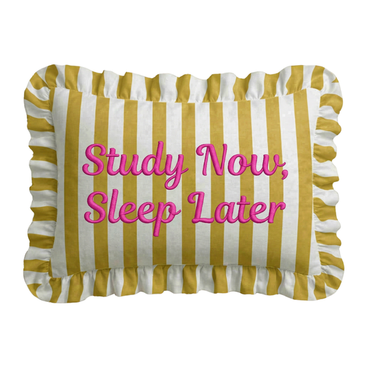 "Sleep Later" Ruffled Embroidered Pillow | Statement Pillow