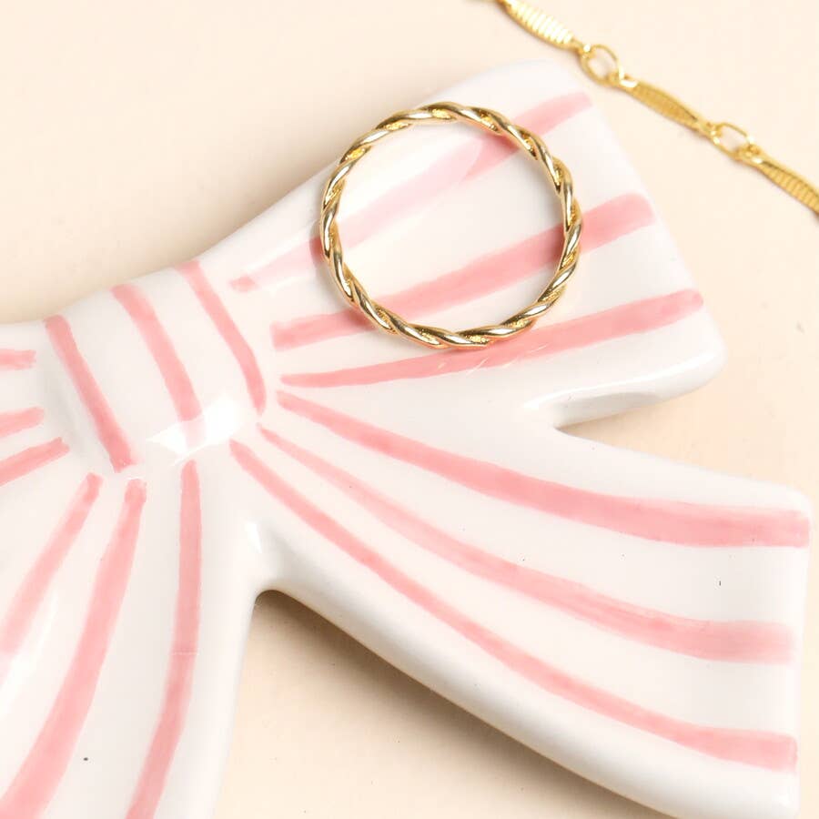 Pink Stripe Bow Ceramic Trinket Dish