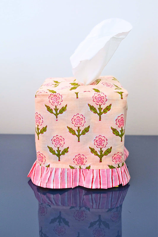 Ruffled Tissue Box Cover in Mona Pink Blockprint