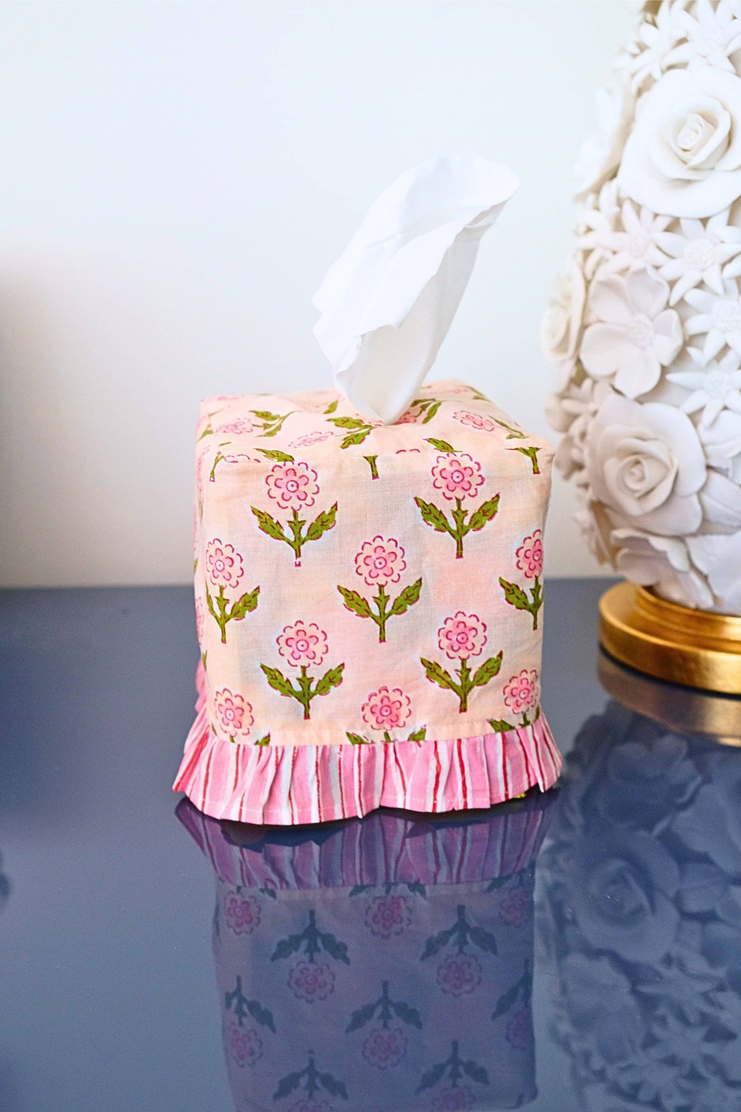 Ruffled Tissue Box Cover in Mona Pink Blockprint
