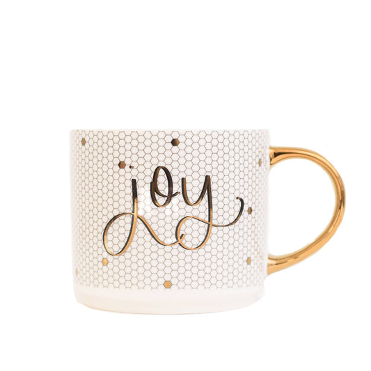 Joy - Gold, White Tile Hand Lettered Coffee Mug - 17 oz