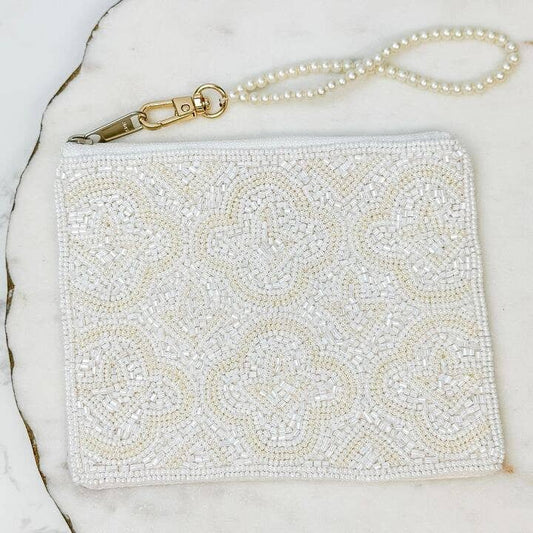 Beaded Quatrefoil Zip Pouch with Strap