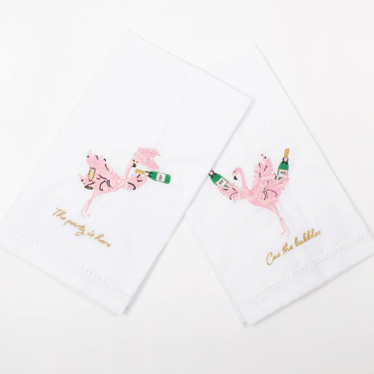 Champagne Flamingo Embroidered Bar Towel Set