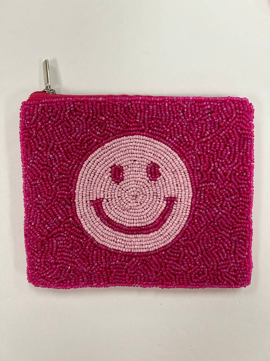 Pink Smiley Face Beaded Coin Purse